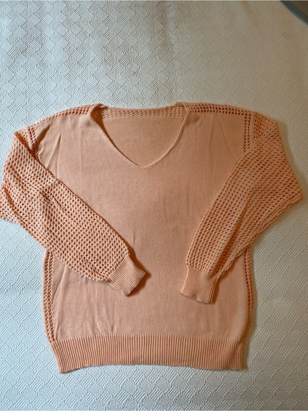 Light Peach V-Neck Knit Sweater with Openwork Sleeves